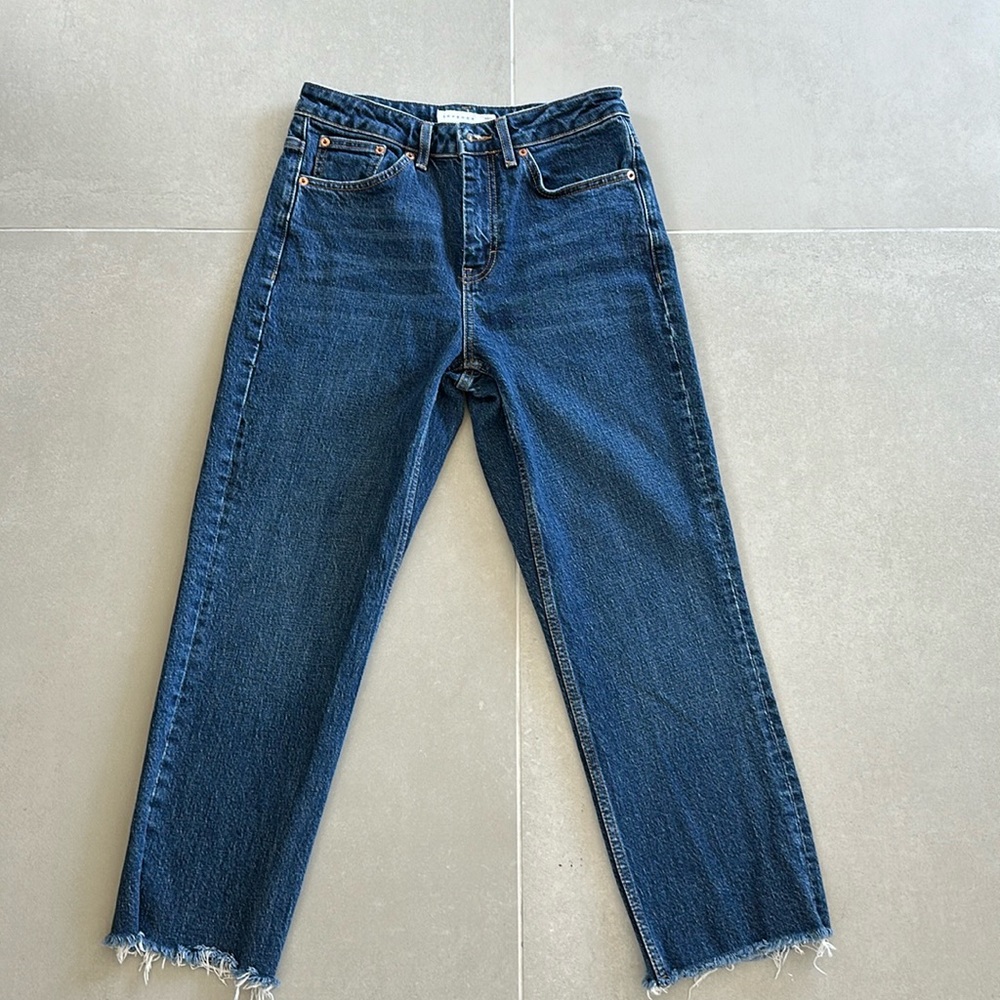 Topshop Straight Cut Jeans in Dark Blue Denim Raw Hem Size 28